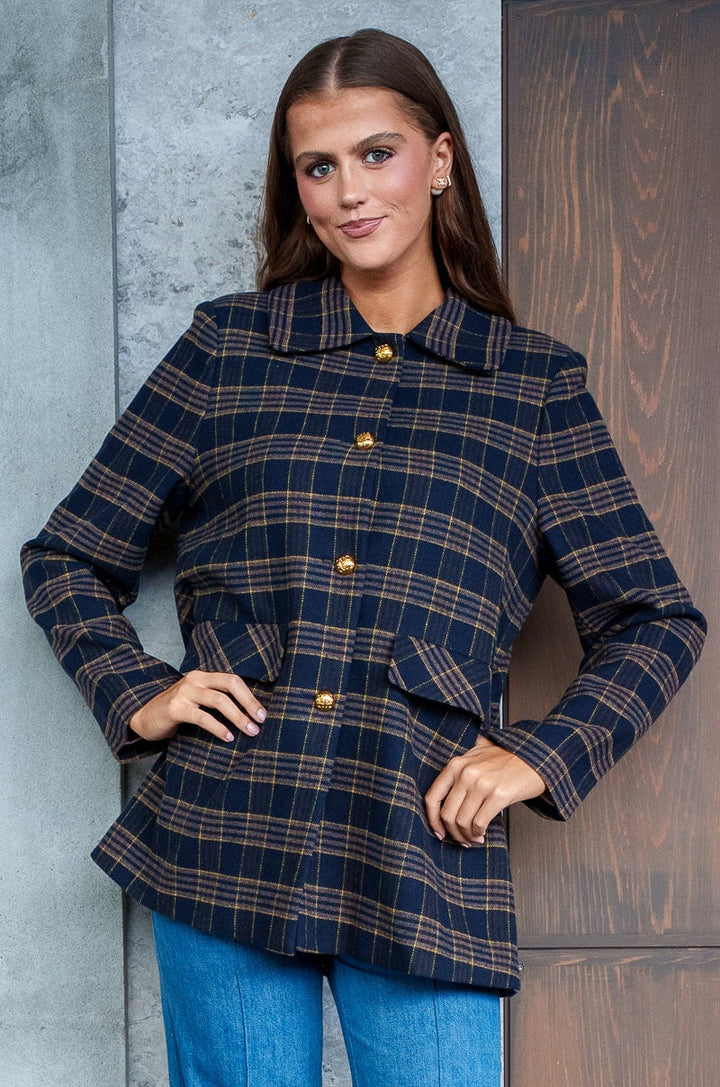 Young Women Wearing Navy and Camel Plaid Buckingham Jacket from Yvonne Bennetti